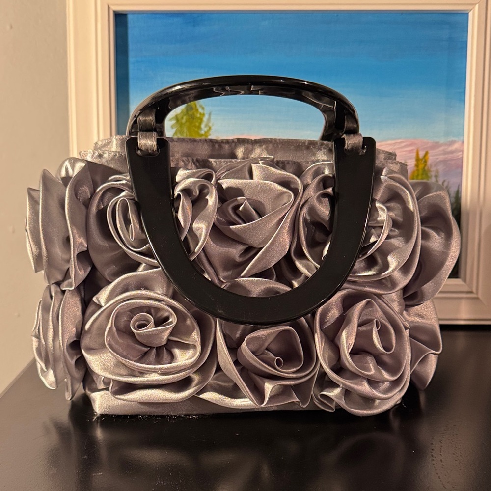 Elegant Silver Rose Applique Handbag with Black Handles